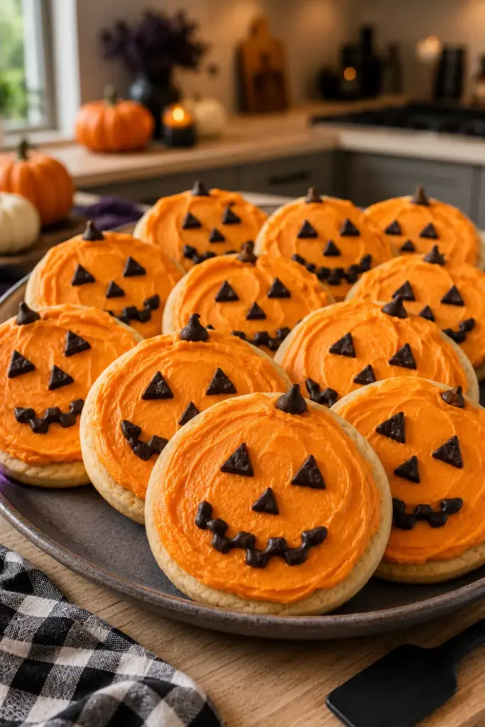 Best Halloween Baking Ideas Kids Can Make Easily with bright orange Jack-O'-Lantern sugar cookies decorated with chocolate chip faces.