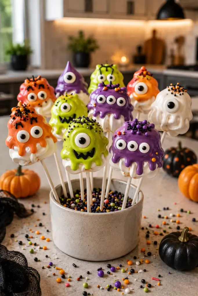 Best Halloween Baking Ideas Kids Can Make Easily featuring colorful monster meringue pops dipped in chocolate and decorated with googly eyes.