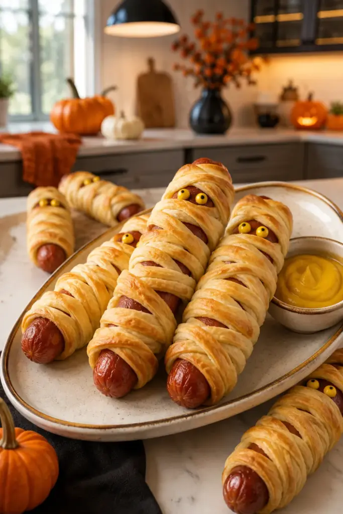 Best Halloween Baking Ideas Kids Can Make Easily featuring mummy crescent roll dogs with mustard eyes on a colorful modern Halloween party table.