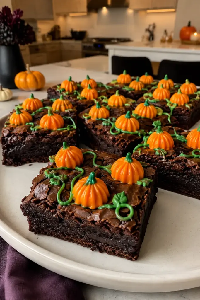 Best Halloween Baking Ideas Kids Can Make Easily featuring rich, fudgy pumpkin patch brownies decorated with orange icing pumpkins and green stems.