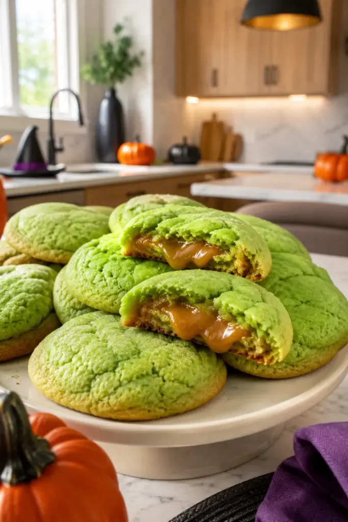 Best Halloween Baking Ideas Kids Can Make Easily featuring lime green slime cookies with gooey caramel centers and a modern, colorful Halloween presentation.