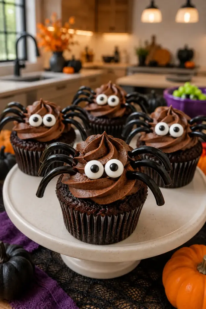 Best Halloween Baking Ideas Kids Can Make Easily featuring chocolate spider cupcakes with black licorice legs and candy eyes on a colorful, modern Halloween table.