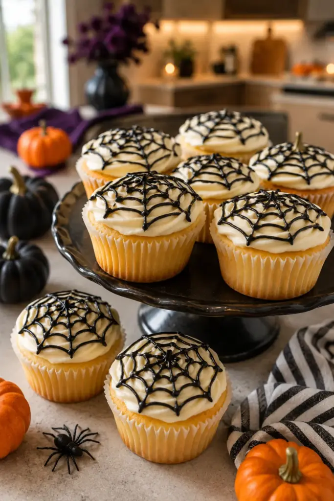 Best Halloween Baking Ideas Kids Can Make Easily with vanilla cupcakes decorated in detailed black spiderweb icing.