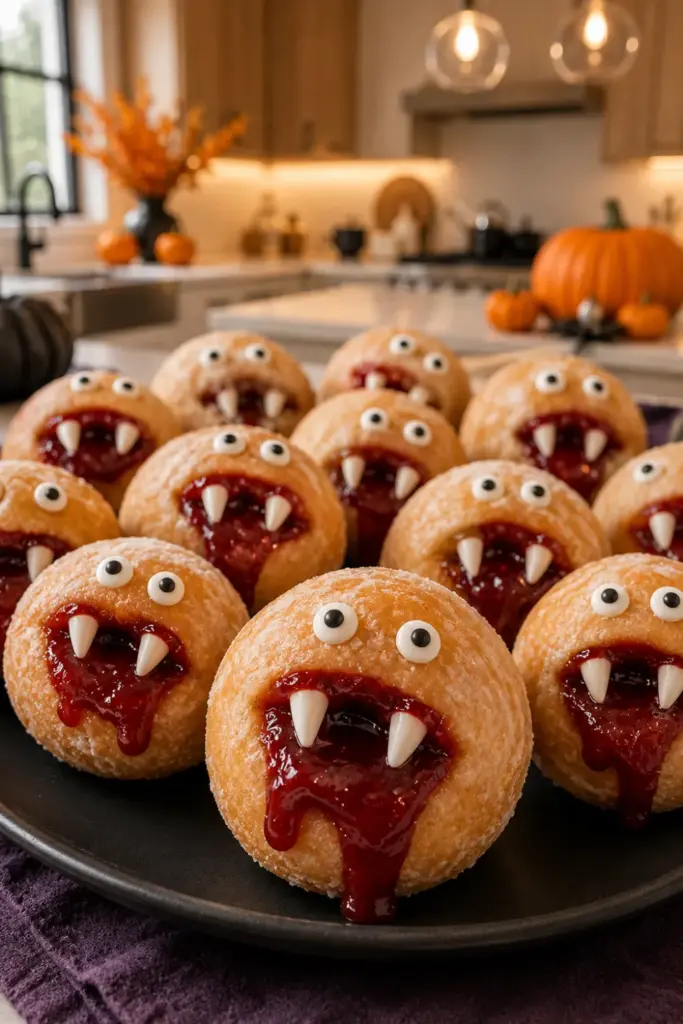 Best Halloween Baking Ideas Kids Can Make Easily featuring playful vampire donut bites filled with strawberry jam and decorated with candy fangs.