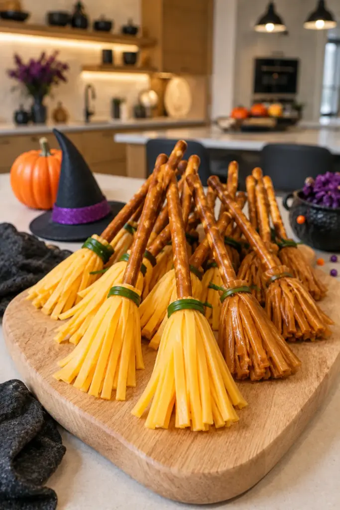 Best Halloween Baking Ideas Kids Can Make Easily shows playful witch’s broomstick pretzels made with mini pretzel sticks and cheese bristles on a modern Halloween party table.