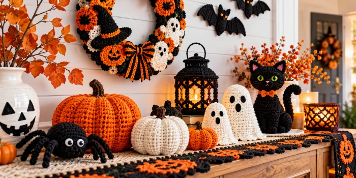 Best Halloween crochet easy decor design ideas featuring handmade pumpkins, spooky ghosts, bats, black cats, and cozy DIY Halloween decorations for the home.