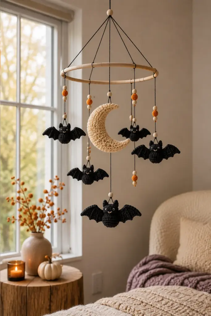 Modern Halloween crochet bat and crescent moon mobile hanging near a bright window, featuring handcrafted black bats, a soft ivory moon, and sophisticated 2026 autumn styling.