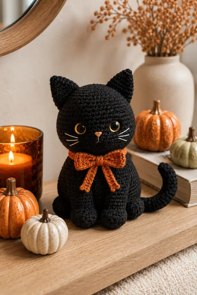 Close-up contemporary Halloween decor featuring a handmade crochet black cat plushie with bright embroidered eyes, paired with pumpkins and modern autumn accents.