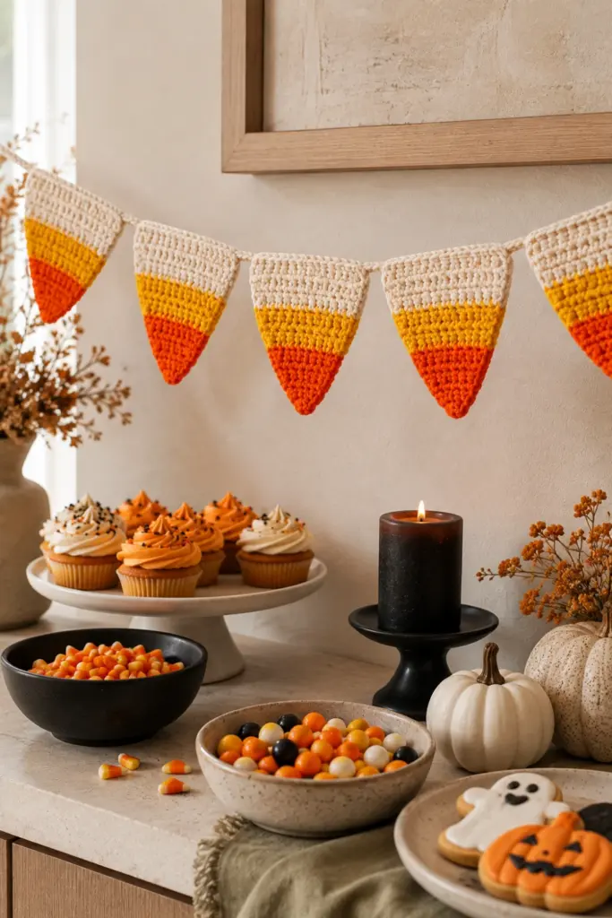 Ultra-realistic modern Halloween party setup featuring a handmade crochet candy corn bunting in white, orange, and yellow, styled across a contemporary dessert table with colorful autumn accents.