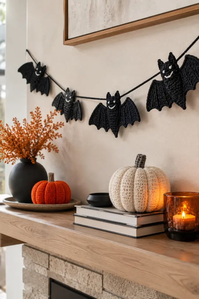 Modern Halloween living room with a handmade black crochet bat banner hanging above a contemporary shelf, styled with colorful 2026 autumn accents.