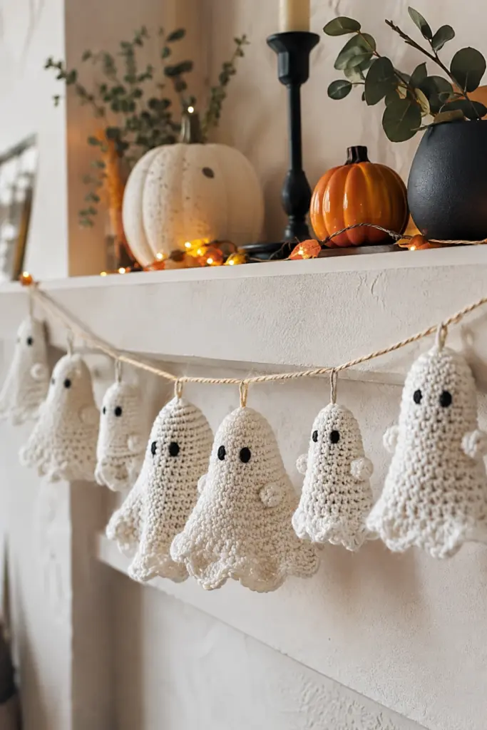 Ultra-realistic modern Halloween entryway featuring a handmade white crochet ghost garland styled across a contemporary mantel, with warm autumn accents and colorful Pinterest-friendly decor.