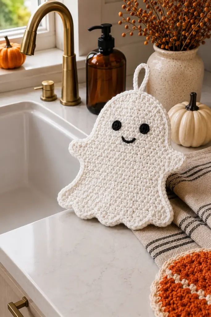 Contemporary Halloween kitchen featuring a handmade white crochet ghost dish scrubby with embroidered eyes, displayed beside a modern sink with warm autumn accents.