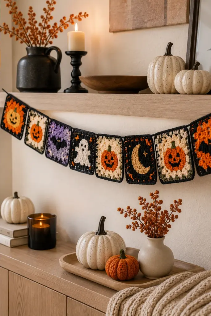 Colorful contemporary Halloween granny square bunting made with crochet pumpkin, bat, and ghost motifs is displayed across a modern mantel with sophisticated autumn decor.