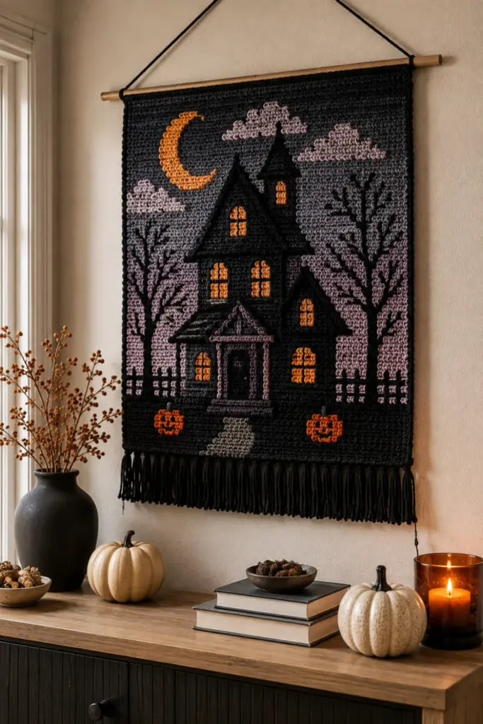 Contemporary Halloween wall decor featuring a handmade crochet haunted house tapestry with a moonlit scene, styled above a modern console with warm autumn accessories.
