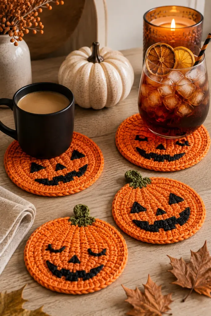 Ultra-realistic modern Halloween tabletop featuring handmade crochet Jack-O'-Lantern coasters in bright orange with playful stitched pumpkin faces, styled with contemporary drinks and autumn accents.