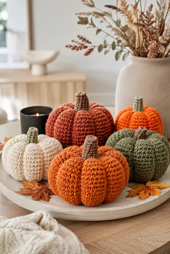 Close-up Pinterest-style display of handmade crochet pumpkin amigurumi in modern autumn colors, arranged on a contemporary tray with warm Halloween accents.