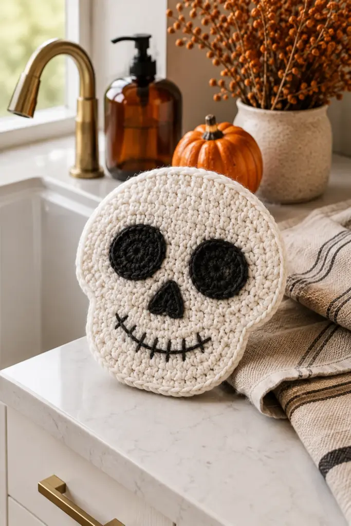 Modern Halloween kitchen styling with a handmade crochet skull face scrubbie displayed beside a sink, featuring textured cotton yarn and sophisticated autumn accents.