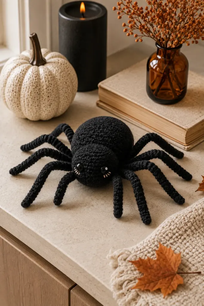 Cute handmade crochet spider amigurumi displayed on a modern Halloween tabletop with long poseable legs, warm pumpkin accents, and contemporary styling.