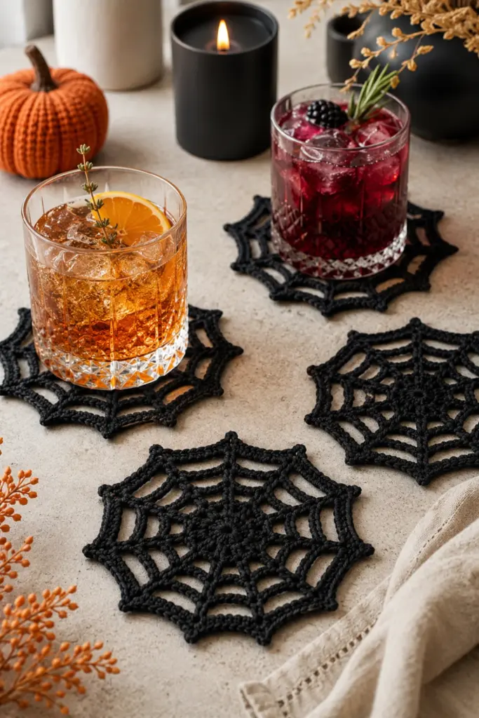 Contemporary Halloween tablescape featuring delicate black and ivory crochet spider web coasters beneath stylish spooky drinks, photographed in a close-up Pinterest angle.