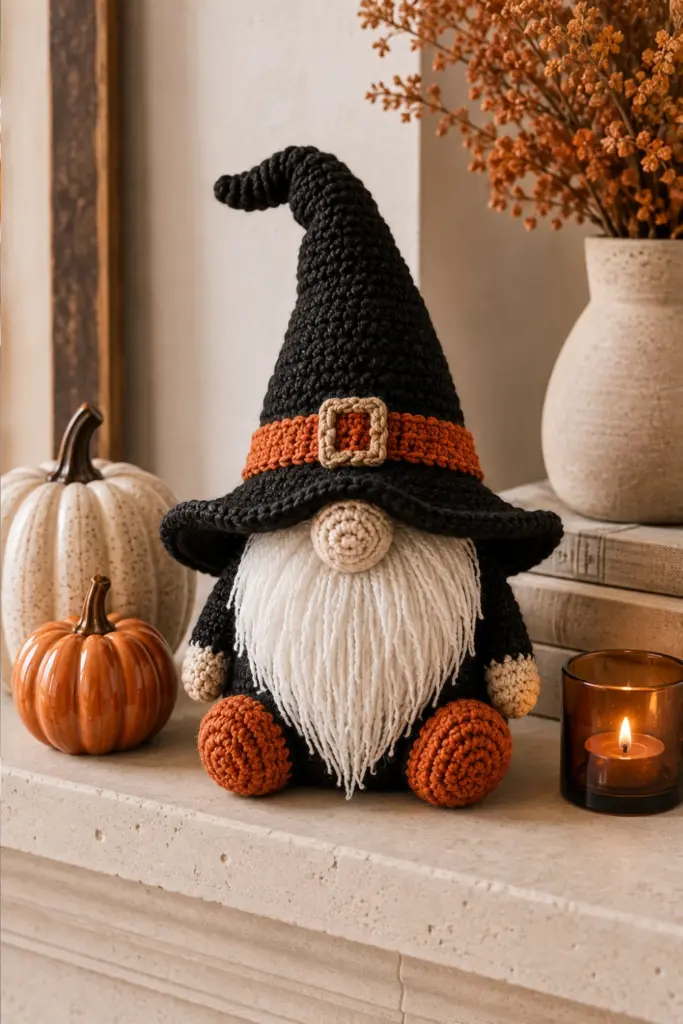 A handmade crochet witch gnome is displayed on a modern autumn mantel with a tall black pointed hat, soft beard, pumpkin accents, and stylish 2026 Halloween colors.
