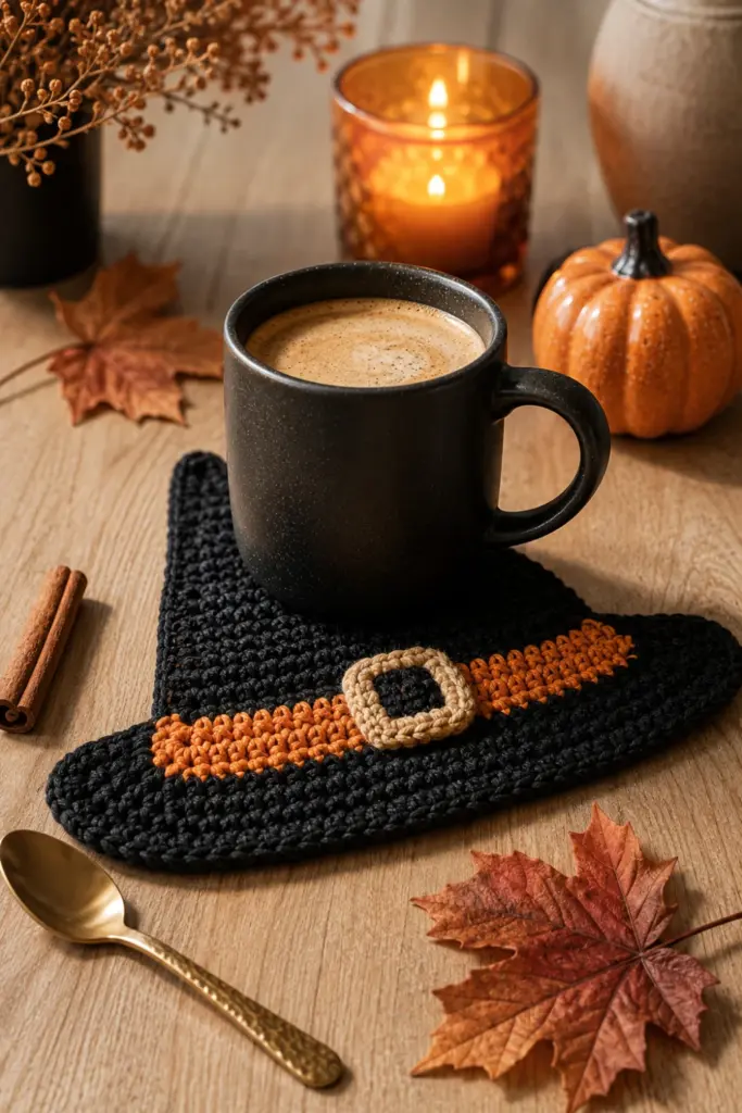 Close-up contemporary Halloween coffee corner with a handmade crochet witch hat mug rug beneath a stylish black mug, surrounded by modern autumn accents.