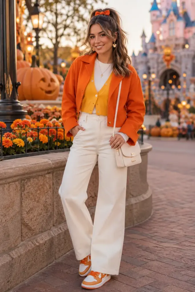 Modern candy corn Disney-bound Halloween Disneyland outfit with white, yellow, and orange layered fashion; Minnie-inspired accessories; and 2026 styling.