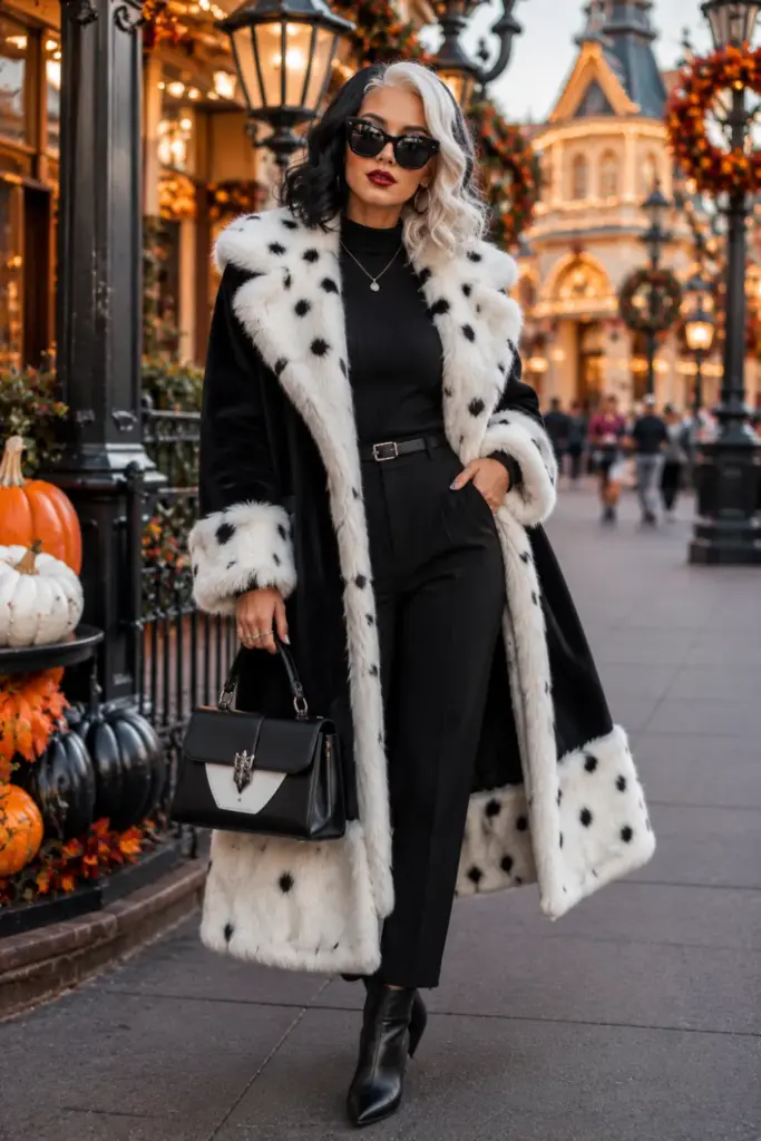 A modern Cruella De Vil-inspired Disneyland Halloween outfit with a black and white faux-fur coat, monochrome fashion, statement sunglasses, and 2026 styling.