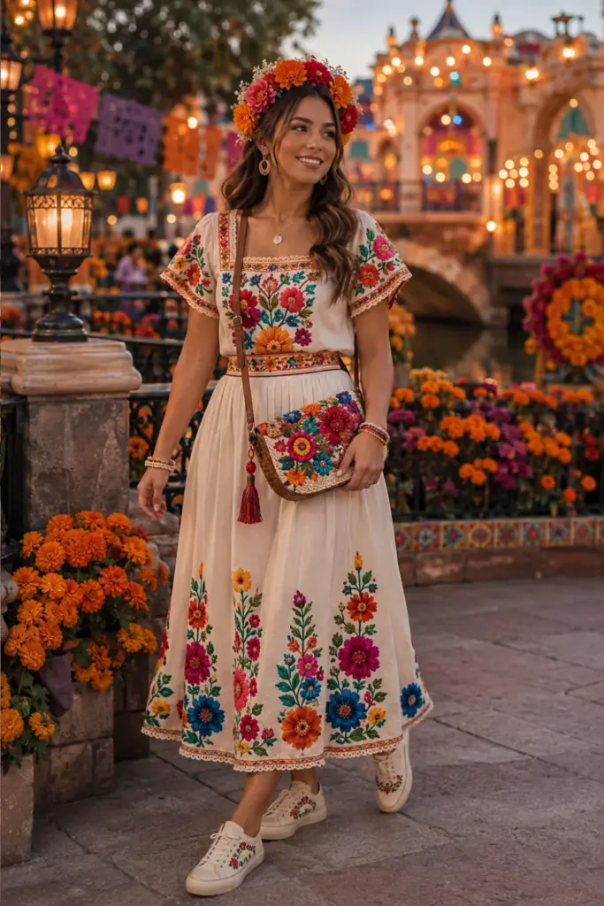 A colorful Día de los Muertos-inspired Disneyland Halloween outfit with embroidered clothing, a floral crown, modern accessories, and vibrant 2026 styling.