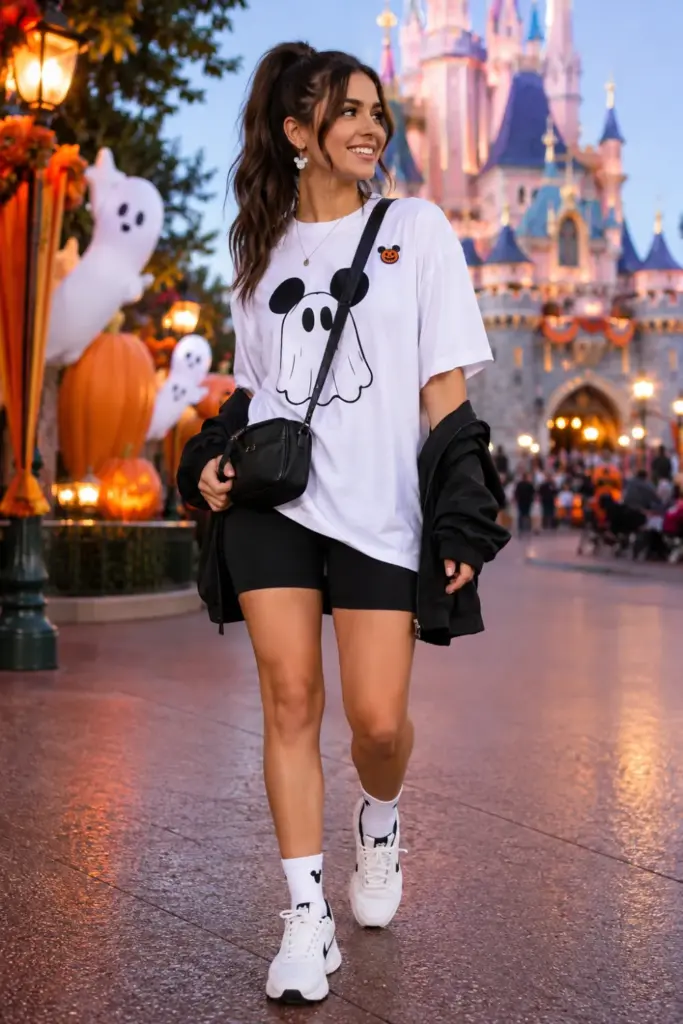 Modern Ghost Mickey Disneyland Halloween outfit with a white graphic tee, black biker shorts, contemporary sneakers, and stylish 2026 accessories.