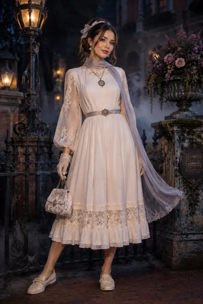 An elegant haunted mansion ghost bride-inspired Halloween Disneyland outfit with a Victorian white dress, lace, pearls, modern hair, and refined 2026 styling.