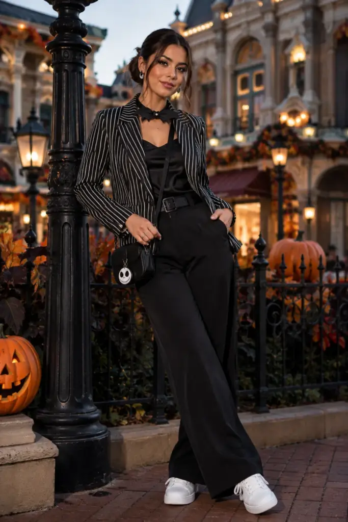 Modern Jack Skellington DisneyBound Halloween Disneyland outfit with striped blazer, bat bow tie, sleek black styling, and contemporary 2026 fashion.