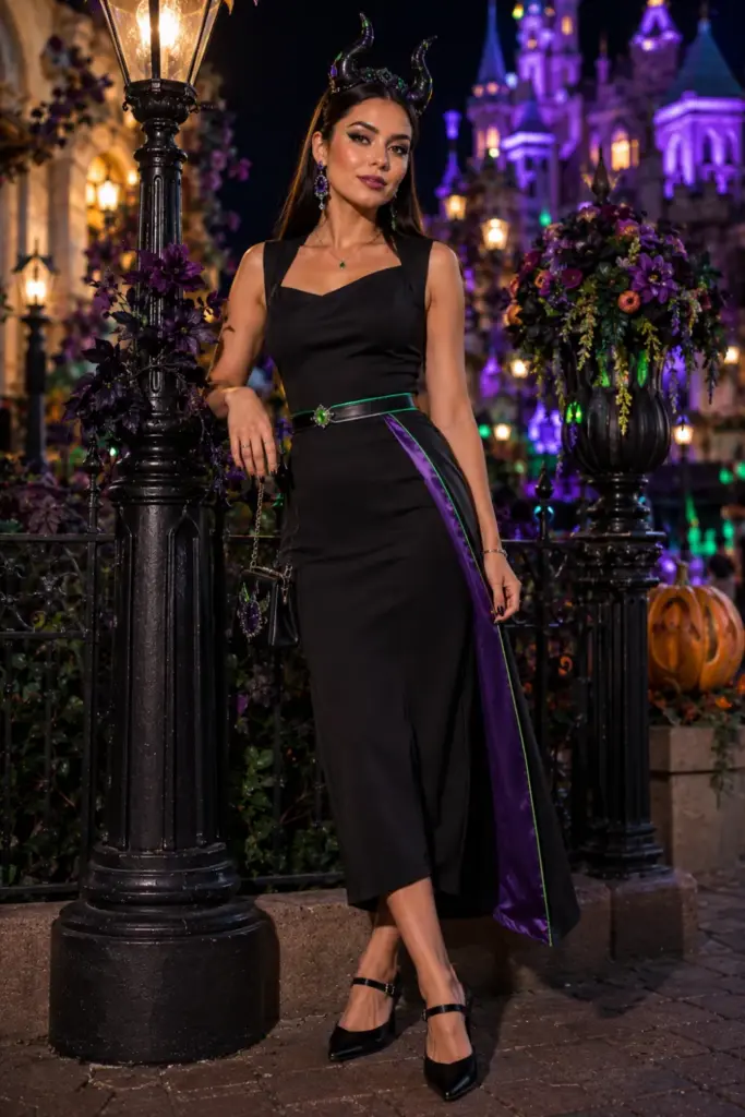 A sleek Maleficent-inspired black Disneyland Halloween dress with purple and green accents, modern accessories, and 2026 Pinterest fashion styling.