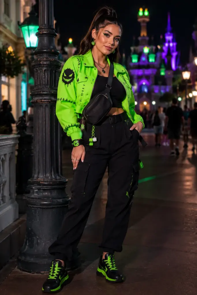 A neon green and black Oogie Boogie-inspired Disneyland Halloween outfit with modern 2026 street style, villain accessories, and vibrant Pinterest colors.