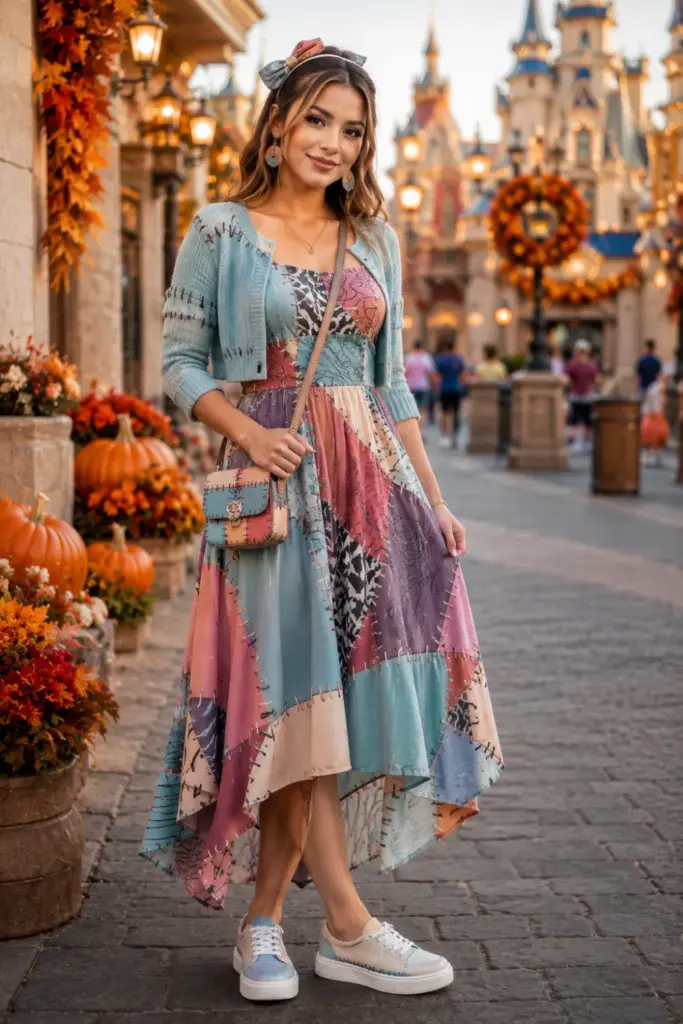 A modern Sally-inspired patchwork Halloween Disneyland outfit with blue tones, colorful panels, contemporary hair, and stylish 2026 accessories.