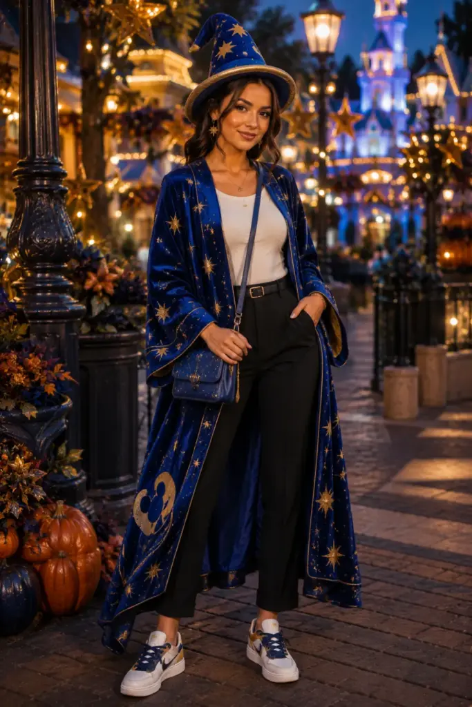 Modern Sorcerer Mickey Disneyland Halloween outfit with a blue robe, gold star details, a sorcerer hat, contemporary sneakers, and 2026 fashion styling.
