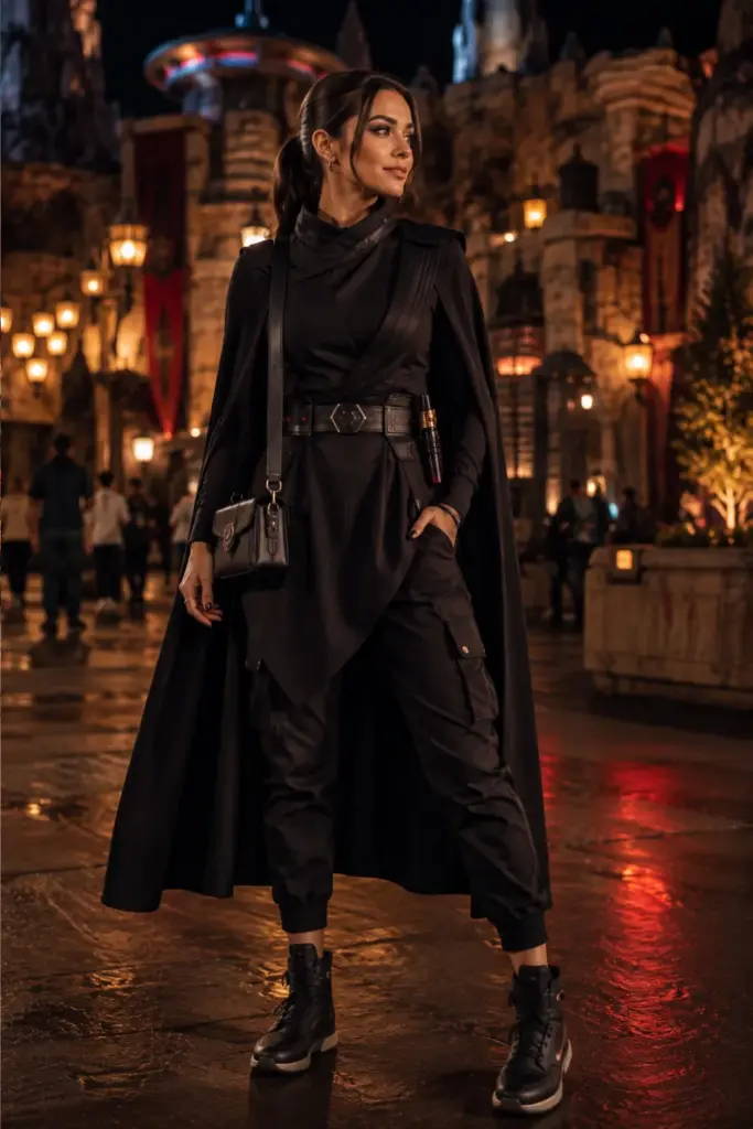 Modern Star Wars Dark Side Halloween Disneyland outfit with black tunic, layered accessories, sleek hair, contemporary sneakers, and 2026 fashion styling.