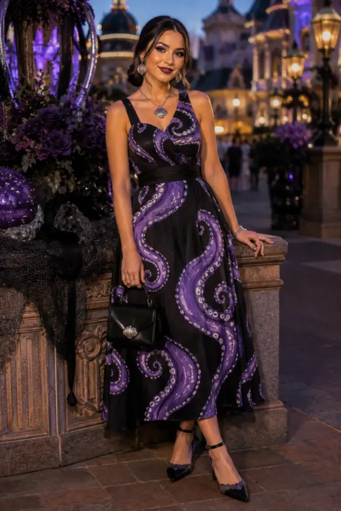A purple and black Ursula-inspired tentacle-print Disneyland Halloween dress with modern accessories, sleek hair, and colorful 2026 fashion styling.