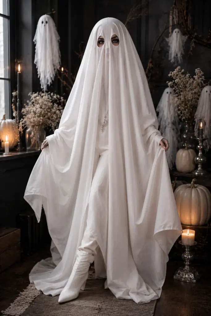 Classic ghost Halloween costume with a crisp white sheet, cut-out eyes, spooky makeup, modern styling, and a Pinterest-ready 2026 aesthetic.