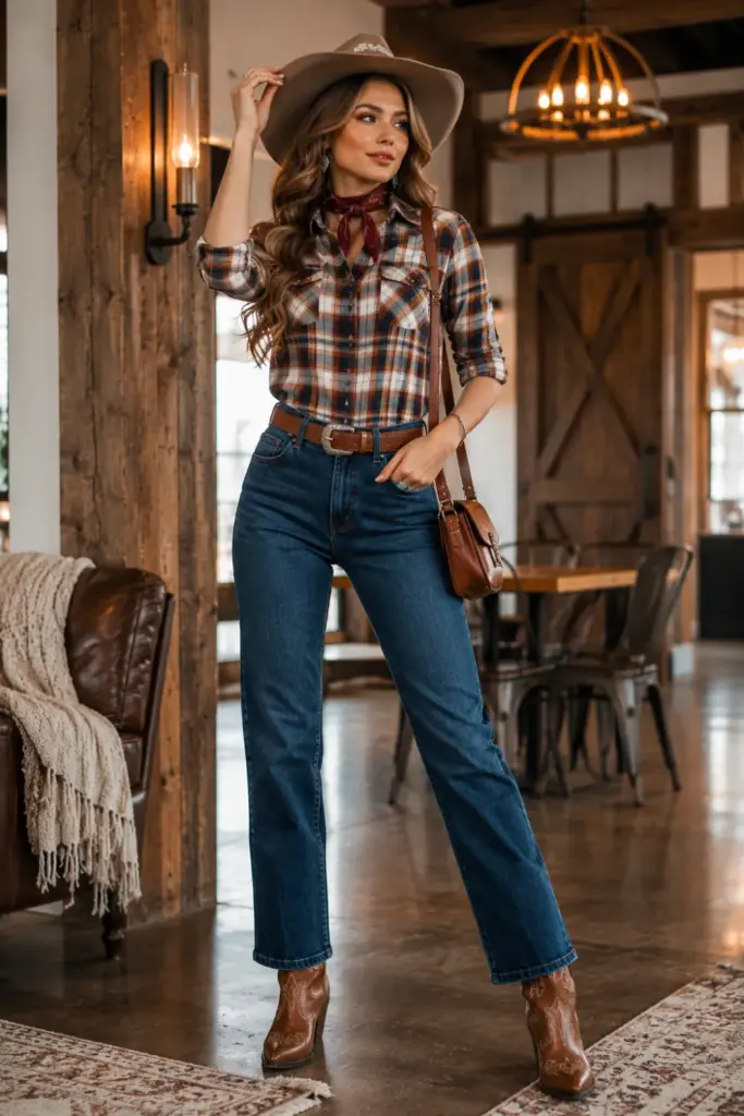 A modern cowboy/cowgirl Halloween outfit with a plaid shirt, jeans, cowboy boots, a Western hat, a bandana, and contemporary 2026 accessories.