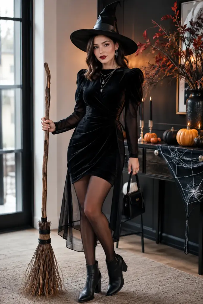 Dreamy modern witch Halloween outfit with a black dress, structured witch hat, broomstick, bold lipstick, trendy boots, and stylish 2026 accessories.
