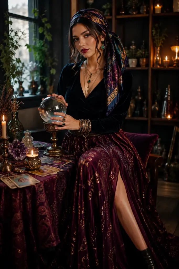 A modern fortune teller Halloween outfit with a flowing maxi skirt, velvet top, scarf headwrap, crystal ball, layered jewelry, and contemporary 2026 styling.