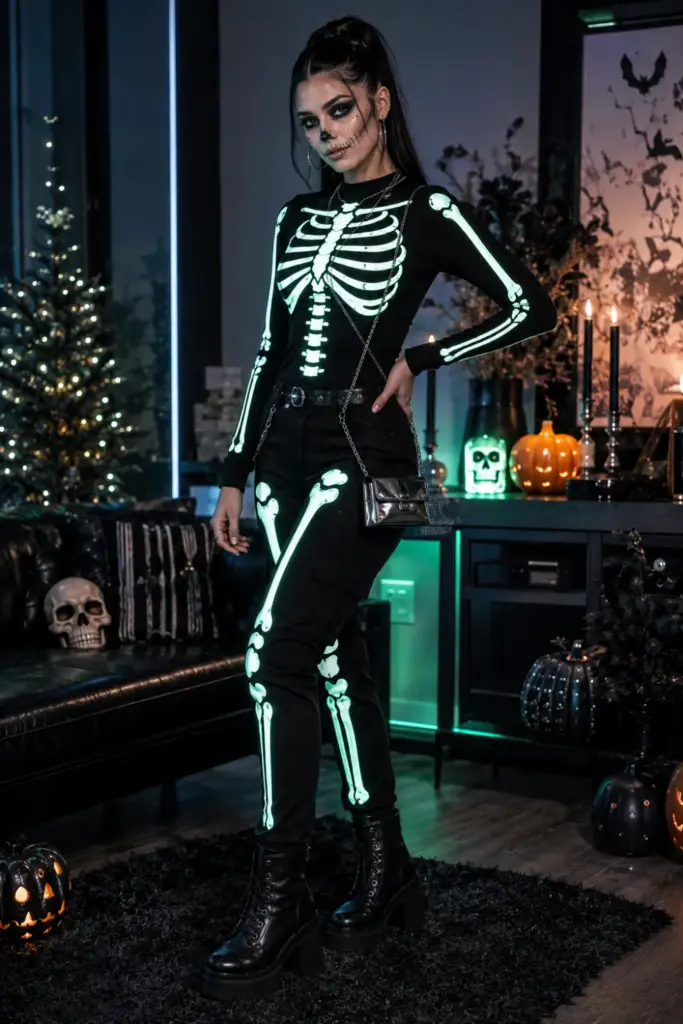 A modern glow skeleton Halloween outfit with a black base outfit, glowing skeleton bone details, dramatic makeup, sleek accessories, and 2026 styling