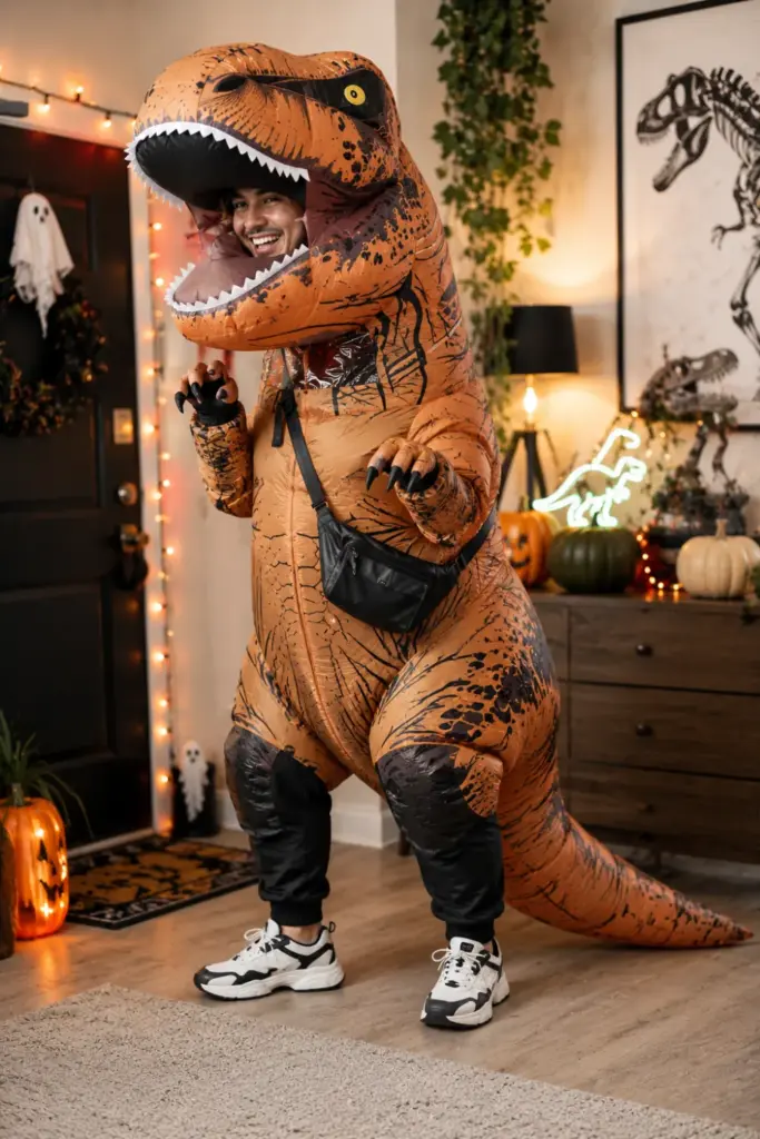 Fun inflatable T-Rex Halloween costume worn over casual clothes with modern sneakers, playful styling, and a colorful Pinterest-ready 2026 look.