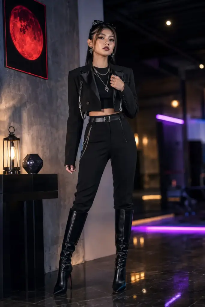 A contemporary K-Pop demon hunter Halloween outfit with an all-black sleek look, statement jewelry, dramatic eyeliner, modern boots, and 2026 fashion styling.