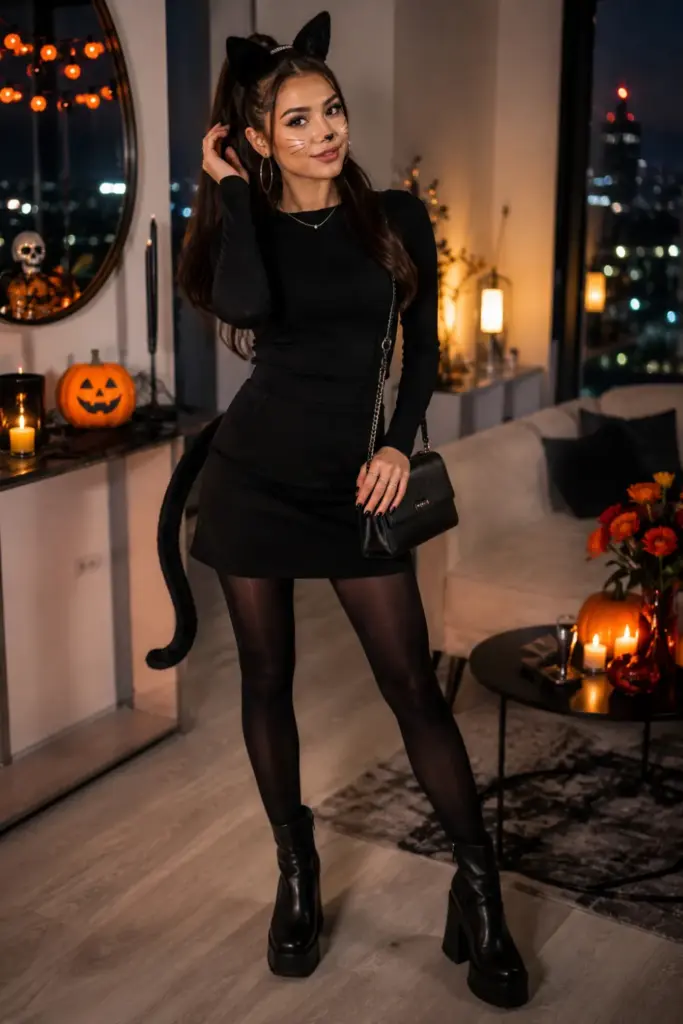 Modern cat Halloween costume with an all-black outfit, cat ears, eyeliner whiskers, sleek boots, stylish accessories, and trendy 2026 fashion details.