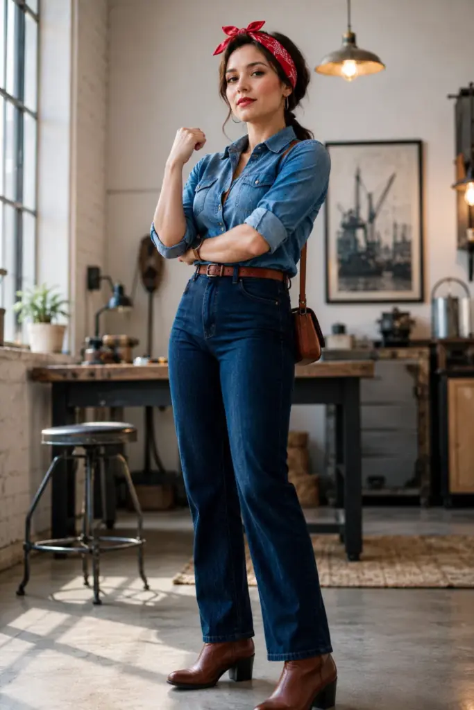 Modern Rosie the Riveter Halloween outfit with a denim shirt, red bandana, rolled sleeves, fitted trousers, contemporary boots, and confident styling.