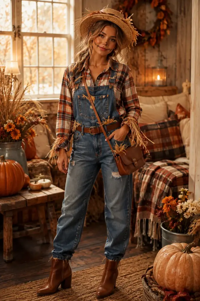 Modern scarecrow Halloween costume with flannel shirt, denim overalls, straw hat, visible straw accents, patchy makeup, boots, and 2026 styling.