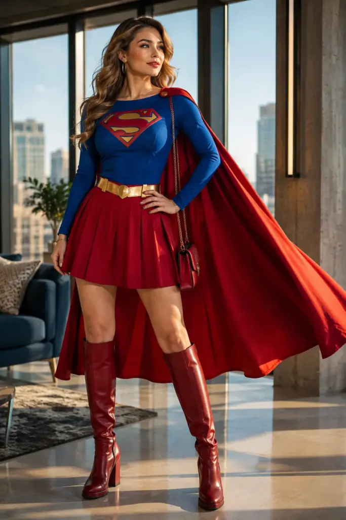 Modern Supergirl Halloween outfit with a blue top, red cape, red skirt, yellow belt, stylish boots, and contemporary 2026 superhero fashion.