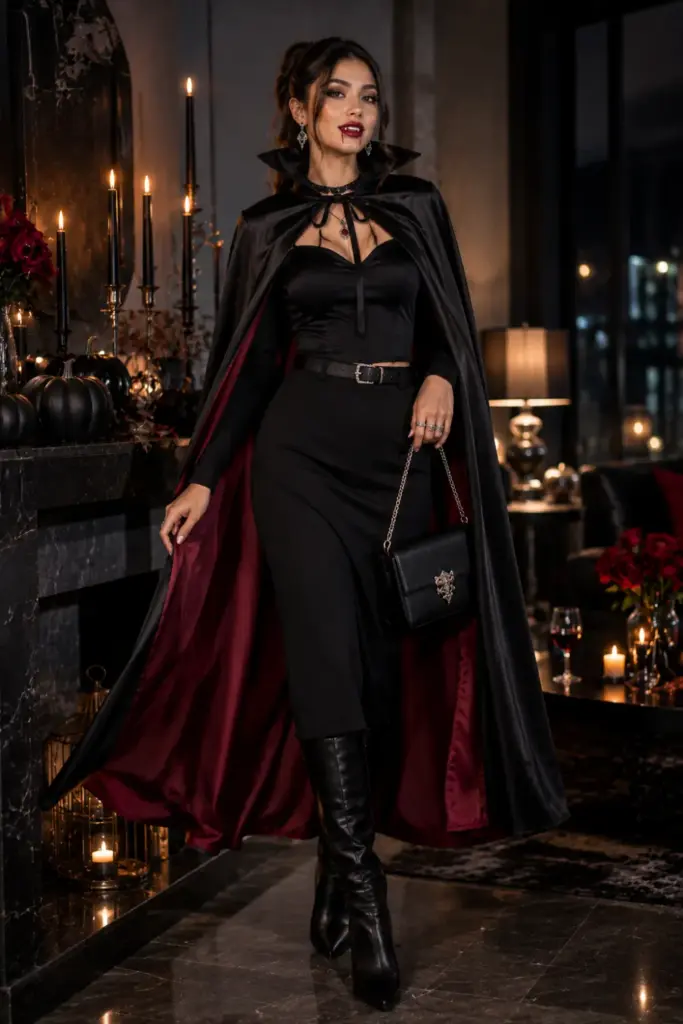 Modern vampire Halloween outfit with a black ensemble, elegant cape, vampire fangs, subtle fake blood, pale makeup, boots, and contemporary 2026 styling.
