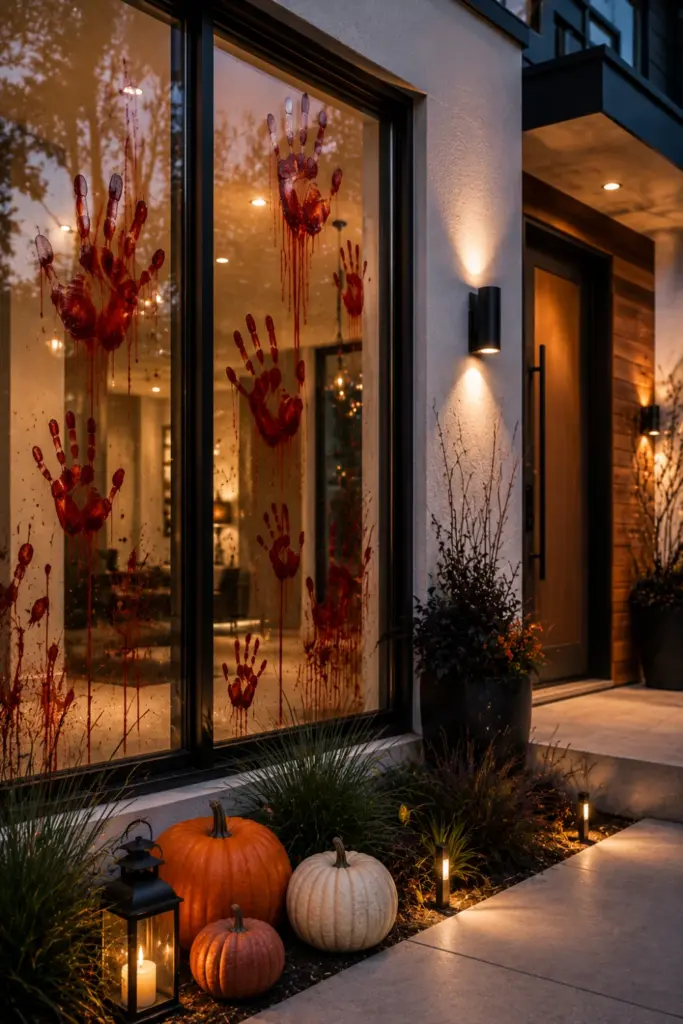 Best Halloween Easy Outdoor Decorations Set-up Design Ideas featuring dramatic red hand-print decals on a modern window with contemporary Halloween lighting.